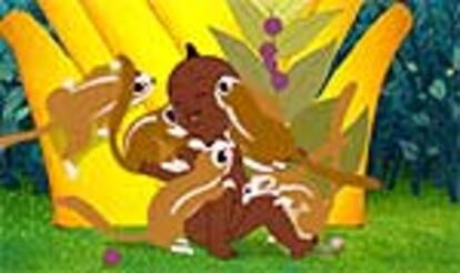 El pequeño Kirikú juega con un grupo de animales en la película <i>Kirikú y la bruja</i>.
