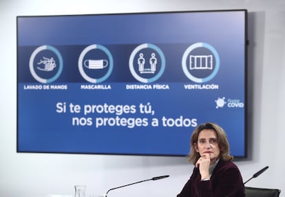 La vicepresidenta cuarta y ministra de Transición Ecológica y Reto Demográfico, Teresa Ribera, durante la rueda de prensa convocada ante los medios posterior al Consejo de Ministros el pasado martes. EUROPA PRESS/E. Parra. POOL
19/01/2021