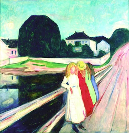 Un siglo después, la ciudad alemana recuerda aquel hito de la historia del arte contemporáneo con la muestra '1912 – Mission Moderne', que recupera hasta el 30 de diciembre en el Museo Wallraf-Richartz una parte de los cuadros exhibidos entonces. (En la imagen, 'Cuatro chicas sobre el puente', de Edvard Munch, de 1905).