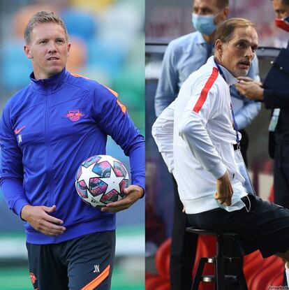 Julen Nagelsmann, en una sesión del Leipzig en el José Alvalade. A la derecha, Thomas Tuchel en un entrenamiento del PSG en el Estadio da Luz. MIGUEL A. LOPES (REUTERS) / DAVID RAMOS (AFP)