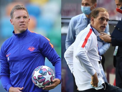 Julen Nagelsmann, en una sesión del Leipzig en el José Alvalade. A la derecha, Thomas Tuchel en un entrenamiento del PSG en el Estadio da Luz. MIGUEL A. LOPES (REUTERS) / DAVID RAMOS (AFP)