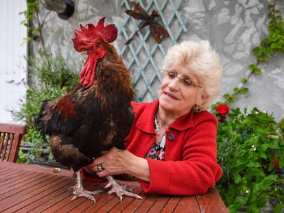 Corinne Fesseau con el gallo Maurice en el jardín de su casa de Saint-Pierre-d'Oleron, este miércoles.