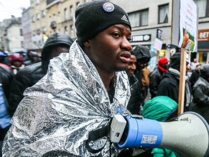 Undocumented migrants protest migration laws in Brussels on January 4.