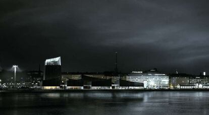 Vista nocturna del proyecto del Museo Guggenheim en Helsinki.