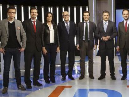 Errejón (Podemos), Herzog (UPyD), Surroca (Unió), Puig (DyL), Casado (PP), Somoano, Hernando (PSOE), Garzón (IU), Esteban (PNV) y Rivera (Ciudadanos).