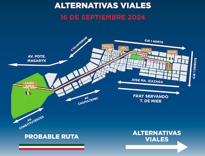 Mapa con la ruta del desfile de independencia en Ciudad de México y las vías alternas.