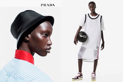 Anok Yai a la izquierda, en la campaña de Prada primavera verano de este 2018. A la derecha, en la campaña de Nike fotografiada por Riccardo Tisci