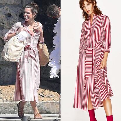 Otra de las aficionadas a las prendas del gigante gallego es Carlota Casiraghi. Hace unos días paseaba por la playa luciendo una túnica larga, de rayas blancas y rojas con cinturón, que está disponible en Zara por 39,95 euros.