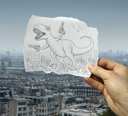 <i>Pencil vs Camara 10</i>. Un dinosaurio protagoniza la vista de París desde la colina de Montmartre.