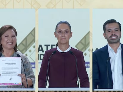Xóchitl Gálvez, Claudia Sheinbaum y Jorge Álvarez durante el segundo debate, este 28 de abril.