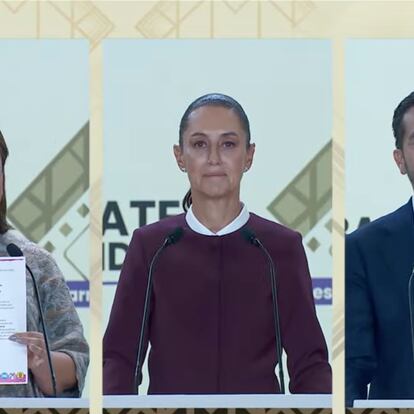 Xóchitl Gálvez, Claudia Sheinbaum y Jorge Álvarez durante el segundo debate, este 28 de abril.