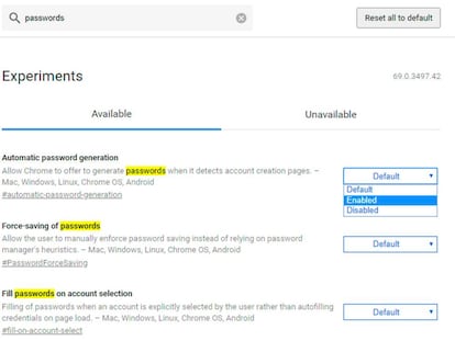 Este es el menú desde el que podemos activar la generación automática de contraseñas en Chrome