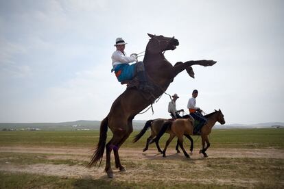 Un hombre de Mongolia controla su caballo durante el festival de verano conocido como Naadam en las afueras de Ulan Bator. 