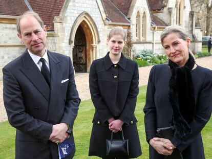 Britain's Prince Edward, Sophie, Countess of Wessex and their daughter Lady Louise attend a television interview at the Royal Chapel of All Saints at Windsor Great Park, Britain following Friday's death of Prince Philip at age 99, April 11, 2021. Steve Parsons/PA Wire/Pool via REUTERS