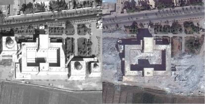 Imagen del santuario dedicado Uwais al Qurani y Ammar Bin Yasser en Raqqa, actual bastión del Estado Islámico. La imagen de la derecha fue tomada el 12 de octubre de 2011 y la de la izquierda, el 6 de octubre de 2014. En ellas se puede observar que tres tumbas situadas en el exterior del santuario, con sus minaretes, han sido destruidas.