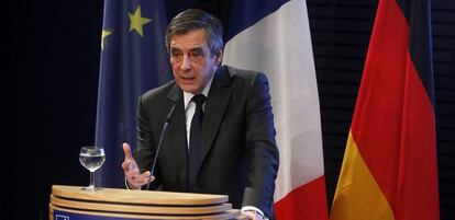 El ex primer ministro francés y candidato presidencial conservador François Fillon durante su intervención en la Fundación Konrad Adenauer en Berlín, este lunes.