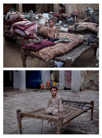Inamullah, con 4 años, permanece subido en una cama, entre los muebles rescatados en agosto de 2010 del interior de su casa de Nowshera, en el noroeste de Pakistán. "Recuerdo que el agua se llevo mis juguetes. Perdí la mayoría de ellos", recuerda un año más tarde el pequeño. "Es el más seguro de sus hermanos, pero cuando empieza a llover, llora por miedo a unas nuevas inundaciones", dice su padre.
