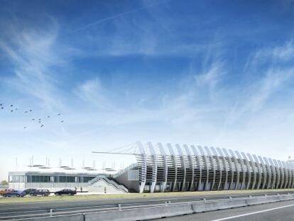 Detalle del proyecto de la nueva tribuna y su fachada a la N-I, realizado por el estudio de arquitectura Hernández Espada