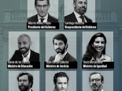 Cartel de la Federación Española LGBTI+ con la composición de un hipotético Gobierno del PP y Vox, en el marco de la campaña presentada este martes en Madrid.