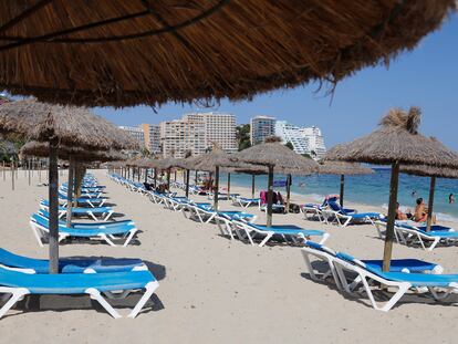 Zona de tumbonas de la playa de Magaluf, en Mallorca, casi vacío el 30 de julio.