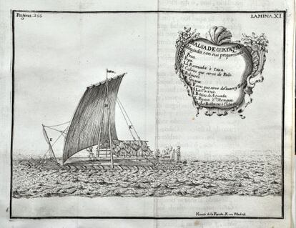 Balsa de Guayaquil, dibujada en el viaje de Jorge Juan y Antonio de Ulloa.