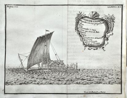 Balsa de Guayaquil, dibujada en el viaje de Jorge Juan y Antonio de Ulloa.