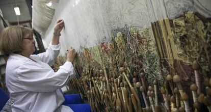 Trabajadores en el interior de la Real F&aacute;brica de Tapices de Madrid.