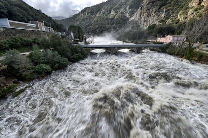 El río Ter, a su paso por la presa del Pasteral en el municipio de La Cellera de Ter (Girona), presentaba este aspecto hoy tras las intensas lluvias de estos tres últimos días por la borrasca Gloria.