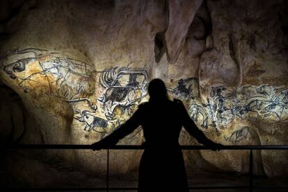 Una persona contempla las pinturas de la cueva de Chauvet.