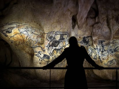 Una persona contempla las pinturas de la cueva de Chauvet.