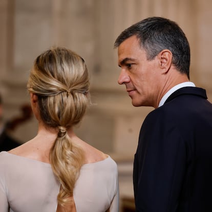 Spain's Prime Minister Pedro Sanchez and his wife Begona Gomez attend commemorations marking the 10th anniversary of the proclamation of Spain's King Felipe VI at Royal Palace in Madrid, Spain, Wednesday June 19, 2024. (Juan Medina/Pool Photo via AP)
Associated Press/LaPresse
Only Italy and Spain