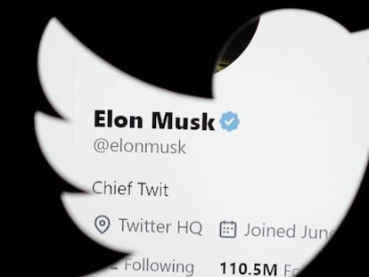 La cuenta en Twitter de Elon Musk vista a través del logo de la compañía.