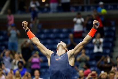 Nadal celebra el triunfo frente a Thiem. El español tuvo que remontar ante el austriaco para alcanzar las semifinales del US Open por séptima vez.