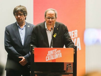 Quim Torra junto a Carles Puigdemont durante la rueda de prensa que han ofrecido este miércoles en Bruselas.