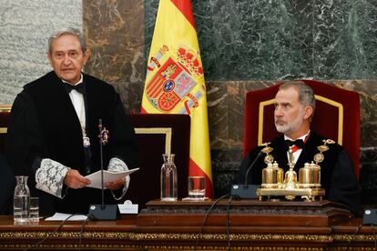 Francisco Marín Castán, presidente interino del Tribunal Supremo, durante su discurso en el acto de apertura del Año Judicial este jueves en Madrid. 