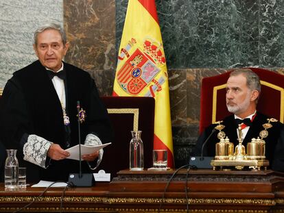 El presidente interino del Tribunal Supremo, Francisco Marín, durante su discurso de apertura del año judicial, este jueves en la sede del Tribunal Supremo en Madrid.