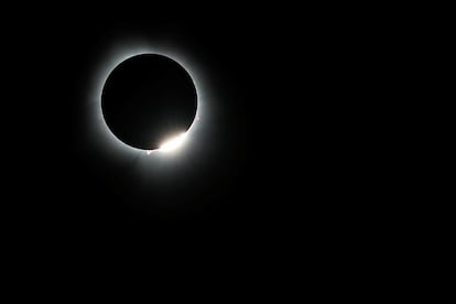 The moon obscures the sun in today's total eclipse, as seen from Carbondale, Illinois.