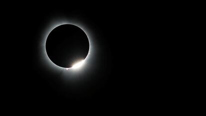 The moon obscures the sun in today's total eclipse, as seen from Carbondale, Illinois.