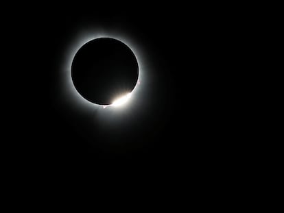 The moon obscures the sun in today's total eclipse, as seen from Carbondale, Illinois.