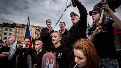 A group of young neo-Nazis pictured in the Czech Republic in June, shortly before they tried to enter a Gypsy ghetto.