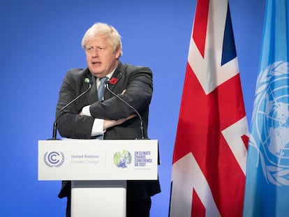 Boris Johnson, este martes, durante una rueda de prensa en la Cumbre del Cambio Climático de Glasgow.