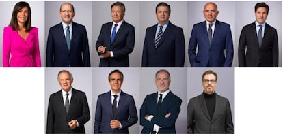 Nueva estructura directiva de Mediaset España: Sandra Fernández, Manuel Villanueva, Alessandro Salem, Borja Prado, Massimo Musolino y Mario Rodríguez. Abajo: Pedro Piqueras, Juan Pedro Valentín, Stefano Sala y Davide Mondo.