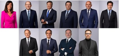 Nueva estructura directiva de Mediaset España: Sandra Fernández, Manuel Villanueva, Alessandro Salem, Borja Prado, Massimo Musolino y Mario Rodríguez. Abajo: Pedro Piqueras, Juan Pedro Valentín, Stefano Sala y Davide Mondo.

