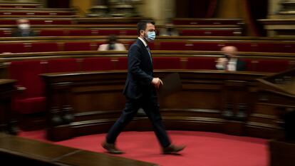 El president en funciones, Pere Aragonès, durante su comparecencia en la Diputación Permanente del Parlament