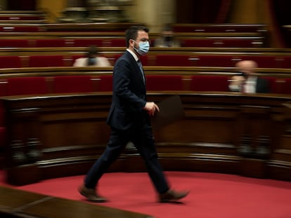 El president en funciones, Pere Aragonès, durante su comparecencia en la Diputación Permanente del Parlament