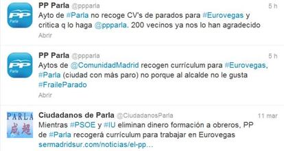 Tuits del PP de Parla en los que informa sobre la recogida de currículos.