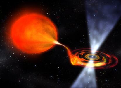 La ilustración muestra un púlsar -una estrella de neutrones girando rápidamente- de unos 10 kilómetros de diámetro. Cuando un objeto así orbita otra estrella, su potente campo gravitatorio atrae material de esta otra estrella.
