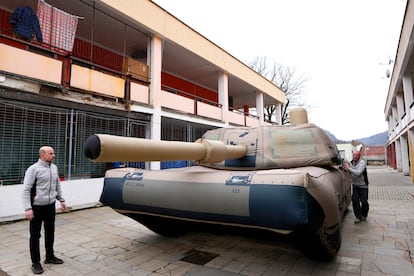 An inflatable decoy of an Abrams tank is presented to media in Decin, Czech Republic, on Monday, March 6, 2023.