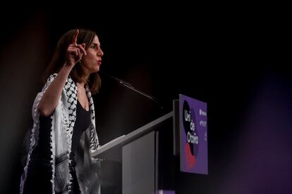 La secretaria general de Podemos, Ione Belarra, interviene durante el acto central de la Universidad de Otoño de Podemos el pasado sábado en Madrid.