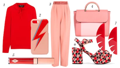 1. Vanessa Seward Jersey rojo con lazada 2. The Case Factory Funda para el móvil con rayo 3. Roksanda Pantalón ancho con cinturilla 4. Parfois Bolso combinado 5. Charlotte Tilbury Labial Lip Lustre Luxe Color 6. Prada Sandalias estampadas con plataforma 7. Papiroga Pendientes con forma de hoja.